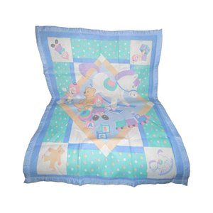 Vintage 1980's Satin Trim Blanket Rocking Horse Bear Doll Train Blocks Excellent